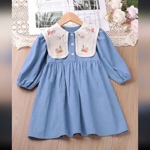 Toddler girls gingham flower embroidered long sleeve dress 3-4T